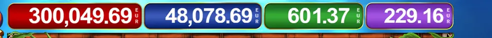 Four coloured counters in a row above the reel frame — red, blue, green and purple — each showing a running amount in euros.
