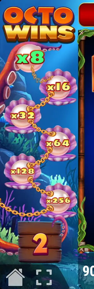 The ladder at the side of the reels: pearls lying in open shells on a gold chain, marked x16, x32, x64, x128 and x256 downward, with the cascade counter in a wooden box below them.