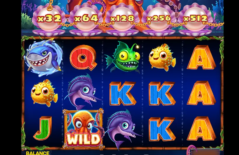 The portrait layout: five reels of three with a shark, swordfish, anglerfish and pufferfish among wooden letters, the framed octopus wild on the middle reel, five pearls in open shells across the top reading x32 to x512, and a cascade counter in a wooden box at the lower right.