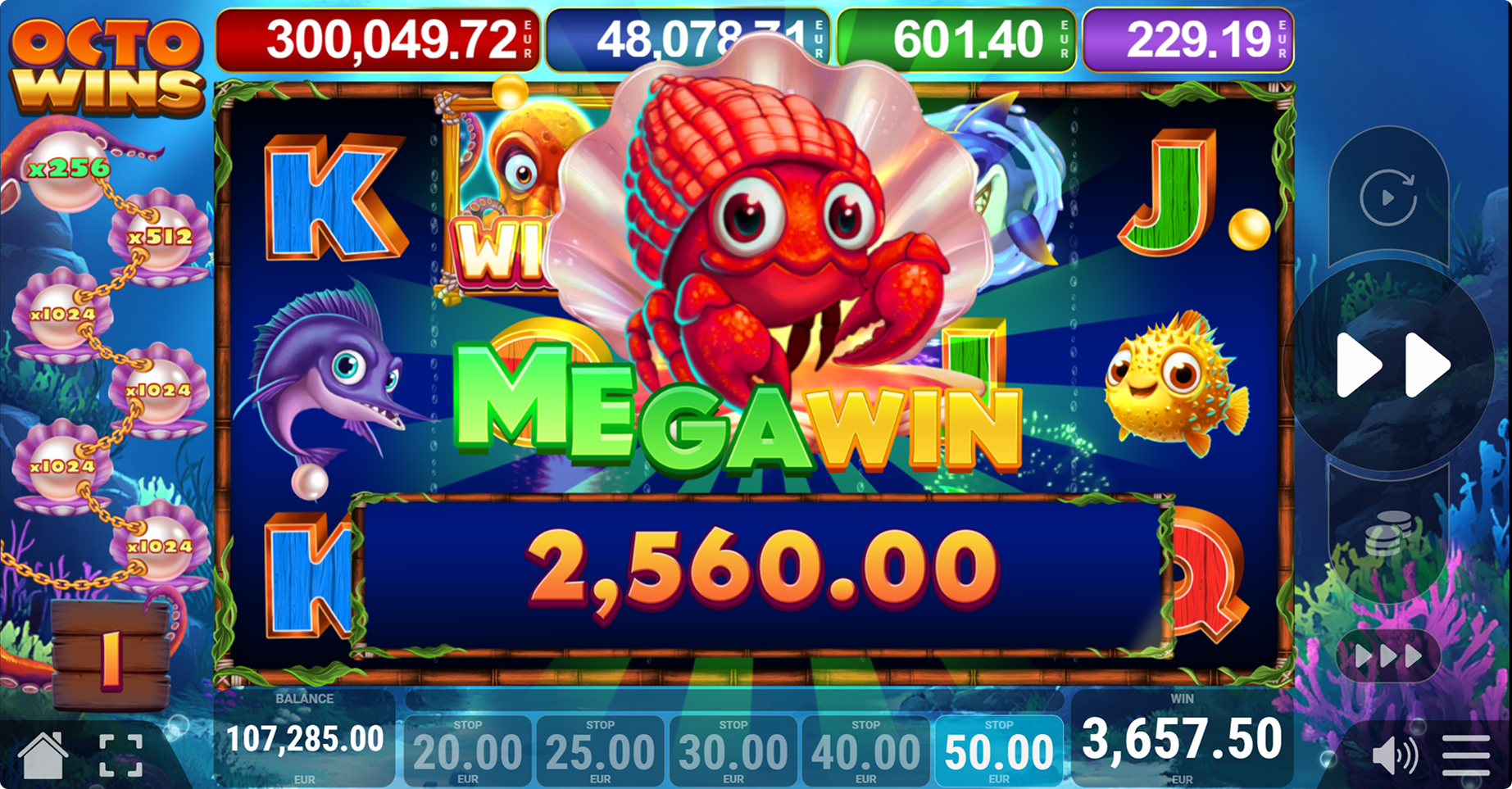 Octowins Mega Win result over a grid of symbols and x256 multiplier