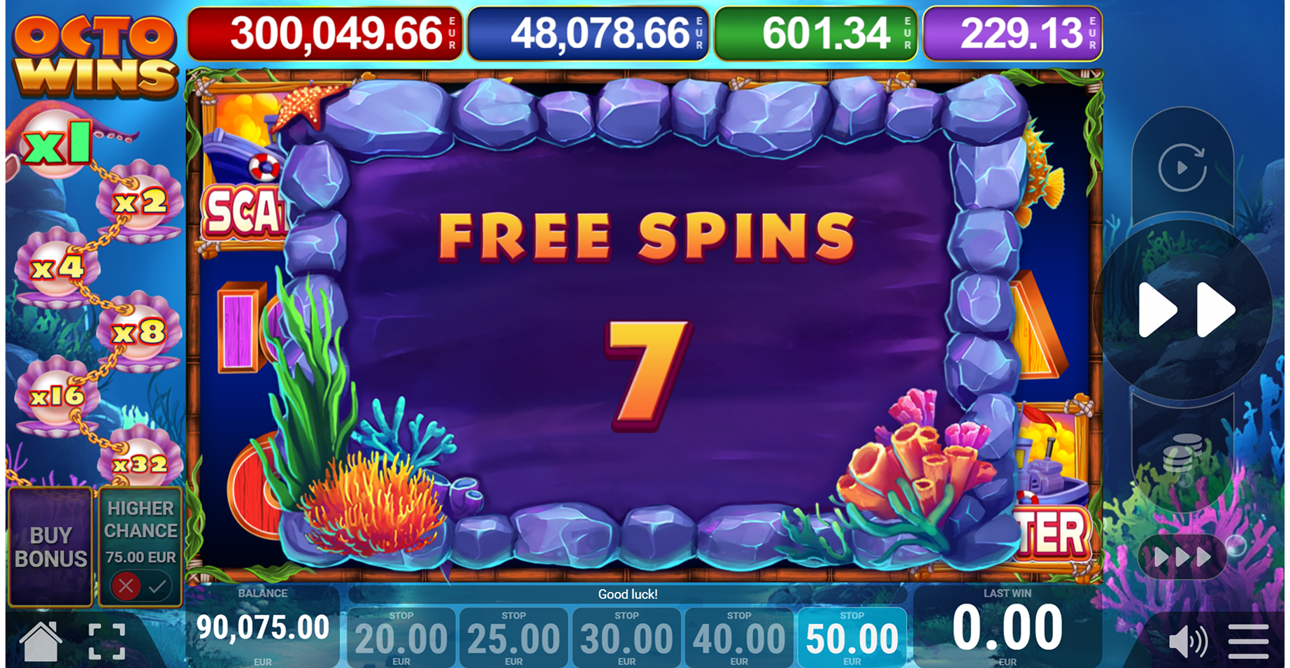 Octowins desktop reels showing pufferfish, anglerfish, swordfish and letter symbols