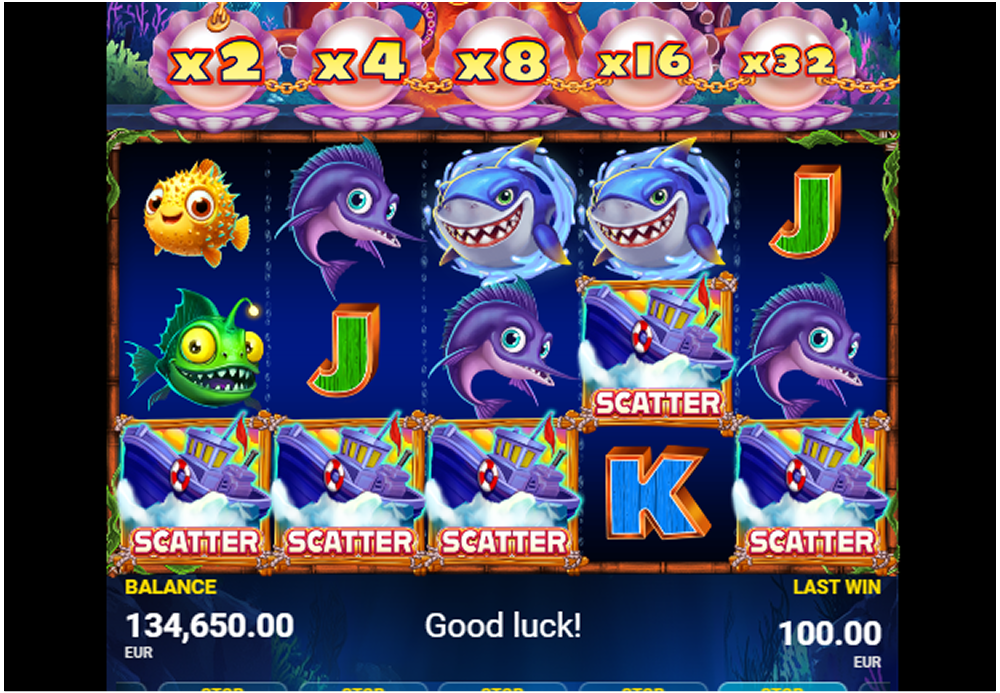 Octowins iPhone-style portrait screen with Scatter boats and horizontal multipliers